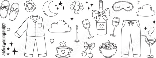 Cozy Sleepover Pajama Party Doodle Icons Set