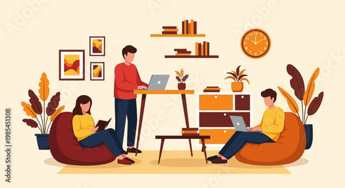 People working and reading in a cozy home environment.