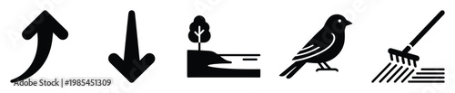 Collection of diverse directional arrows, tranquil landscape scene with tree and water, small bird, and gardening rake symbol for various user interface applications and informational