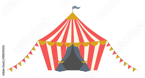Traditional carnival marquee tent with red and white stripes, golden scalloped trim, and festive bunting flags. Flat vector illustration of a circus big top isolated on white background.