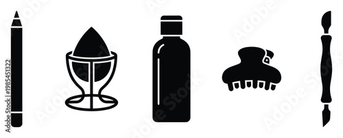 Professional black silhouette icons displaying essential cosmetic and personal care items including a makeup pencil, blending sponge, product bottle, hair claw clip, and cuticle pusher,