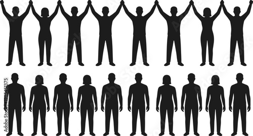 A stark silhouetted composition depicts two rows of figures demonstrating unity and community through connected raised arms high quality professional detailed modern