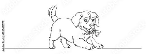 Playful puppy dog drawn in a minimalist one line style actively holding a rope toy ideal for pet product promotions and youth activity books