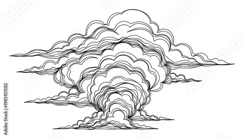 Monochromatic intricate drawing of a powerful stormy cloud formation or an explosive impact, ideal for graphic design projects and dramatic visual overlays.