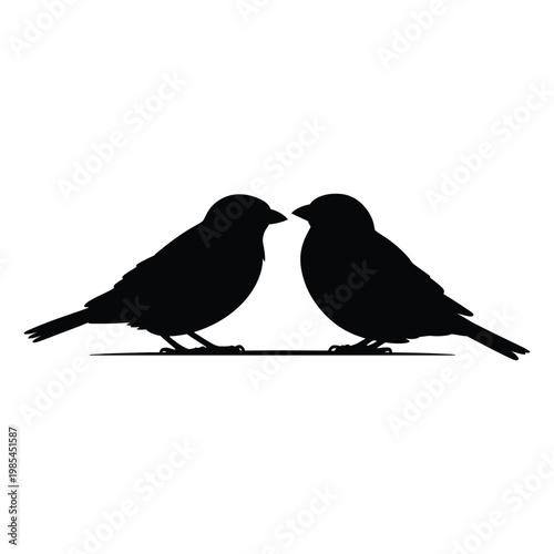 Pair of Sparrows Sitting Together on a Branch Vector, Silhouette, Illustration