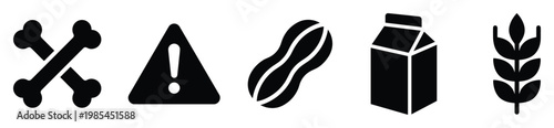 Essential food allergen and warning symbols collection featuring crossed bones, triangle exclamation mark, peanut, milk carton, and wheat, ideal for packaging labels, dietary restriction