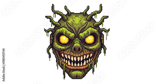Horrifying Green Monster Face with Glowing Eyes and Sharp Teeth.