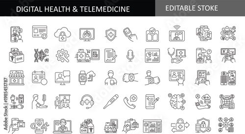 Digital Health and Telemedicine Icon Set: Vector Line Symbols for Smart Healthcare, Medical AI, Online Doctor Consultation, Biotechnology, and Patient Data Security