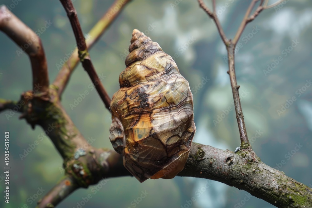 Obraz premium Close up of an intricate seashell perched on a delicate tree branch, showcasing the beauty of nature's artistry