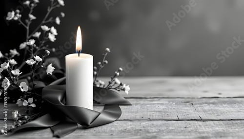 simple remembrance layout with candle and ribbon, monochrome tones, open space for message