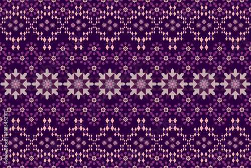 Elegant geometric floral pattern in shades of purple and pink, arranged in symmetrical rows. A modern textile design inspired by traditional weaving motifs.