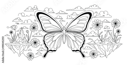 Line art illustration of a graceful butterfly with detailed wings fluttering above fantasy floating islands adorned with blooming flowers and swirling clouds, great for coloring books and
