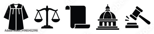 A comprehensive set of black glyph icons representing core justice and law concepts including a judge robe, scales, legal documents, a courthouse, and a gavel, perfect for various legal