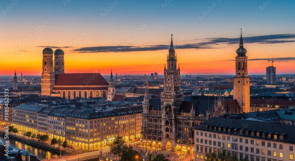 Fototapeta premium Munich skyline at sunset with the Frauenkirche and the New Town Hall in the foreground, with the cityscape in the background, illuminated by the warm glow of the setting sun.
