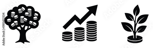 Symbols for financial growth and investment featuring a thriving money tree, rising coin stacks with an upward arrow, and a growing plant for business prosperity visuals.