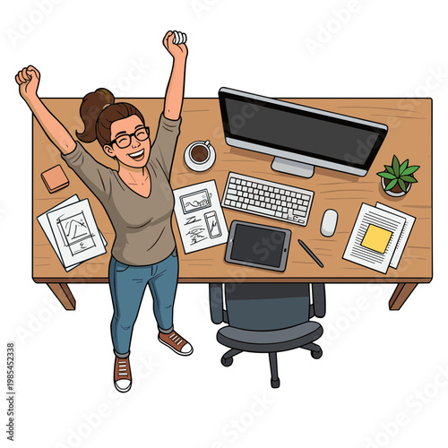 Woman celebrates with raised arms at a cluttered office desk with computer and papers