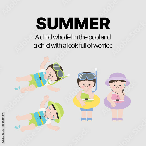 여름 수영장 미끄러짐 사고와 불안과 걱정의 아이 캐릭터