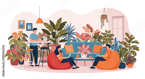 People relaxing in a modern living room filled with plants.