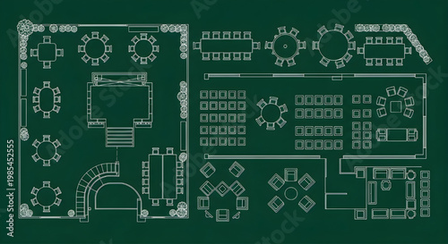 Outdoor Dining and Event Garden Layout with Stage and Gate Blueprint Icon Set – Tables Seating Terrace Multi View AutoCAD Landscape Technical Drawing White Outline on Dark Green Background