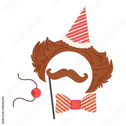Set of flat vector circus photo booth props including a brown wig, red striped party hat, mustache on a stick, and checkered bow tie. Isolated on white background.