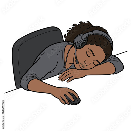 A woman wearing headphones is sleeping on her desk with a computer mouse.
