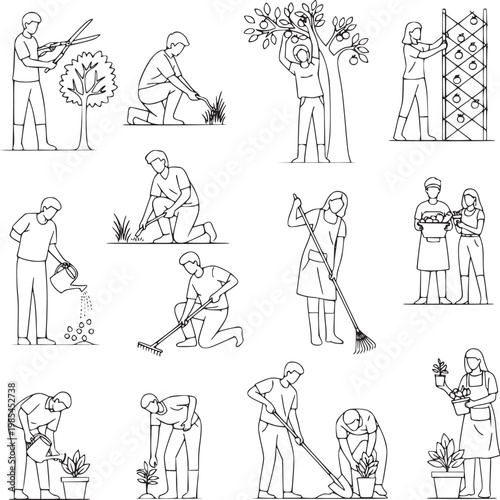 hand-drawn gardening activities set with people planting, pruning, and watering plants in spring