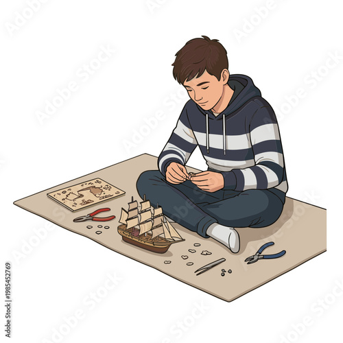 A boy sits cross-legged on a mat assembling a wooden ship model with tools.