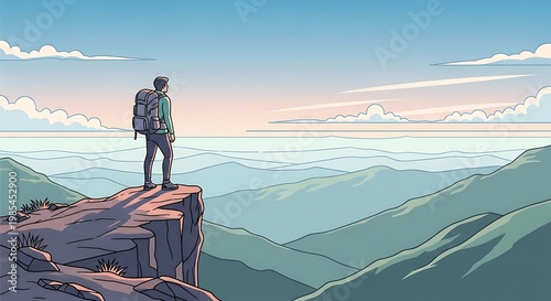 Man standing on mountain cliff edge.