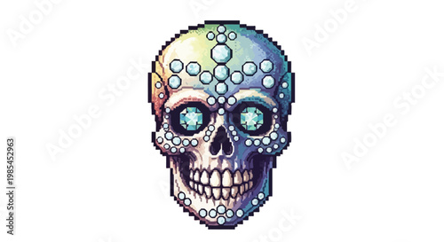 Intricate Pixelated Skull with Glowing Eyes and Ornate Details.