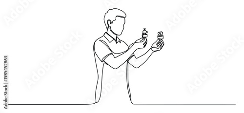 A man engaged in a moment of critical decisionmaking, carefully examining two distinct options held in his hands, ideal for business concept visuals and personal choice metaphors.