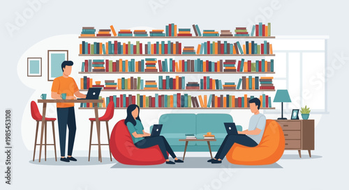 People studying and working in a modern library setting.