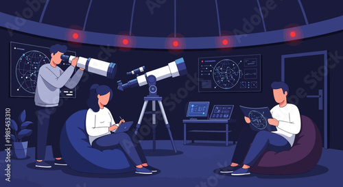 People observing stars in observatory with telescopes.
