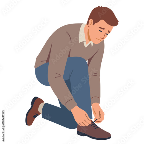 Man crouching down to tie shoelace on brown shoe with blue jeans on