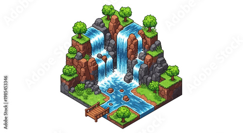 Isometric Pixel Art Waterfall Landscape.