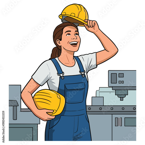 A smiling woman in overalls holds and adjusts her yellow hard hat in a workshop.