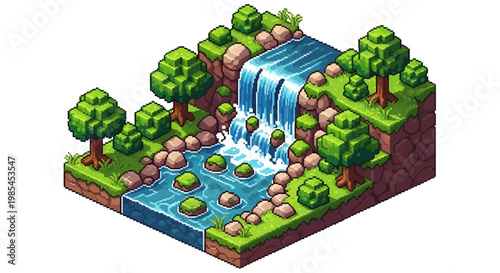 Isometric Pixel Art Waterfall Landscape Scene.