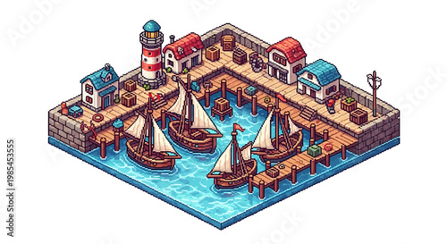 Isometric Port Village with Sailboats and Lighthouse.