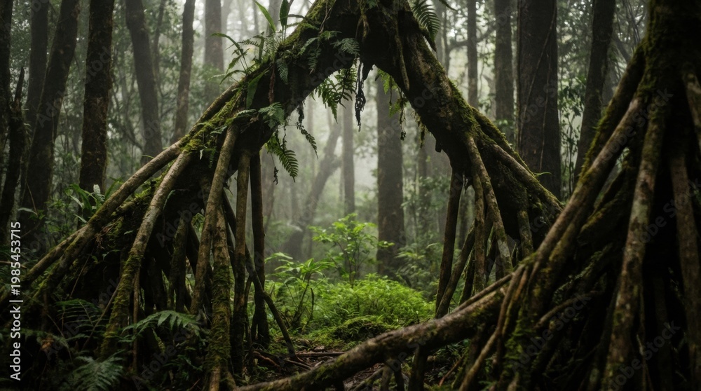 Fototapeta premium Cathedral shaped root arch opening into misty tropical woodland, evocative rainforest safeguarding concept photograph with primordial structure, hidden passage, and reverent old growth atmosphere