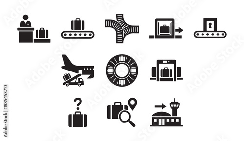 Airport and travel icons for security and baggage handling with check