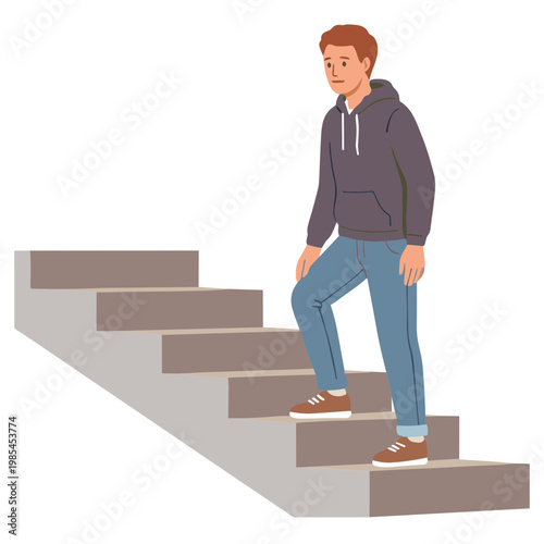 A man wearing a hoodie walks up a staircase indoors.