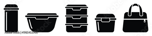 Versatile food storage container and lunch bag icon set for culinary equipment, kitchen essentials, or portable meal planning resources