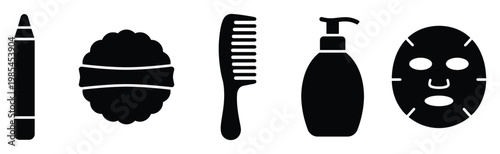 Assortment of essential cosmetic and personal care items like makeup pencil, powder puff, comb, lotion bottle, and face mask, ideal for beauty product branding, hygiene graphics, and salon