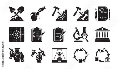 Archeology icons set digging fossils artifacts museum with archeology