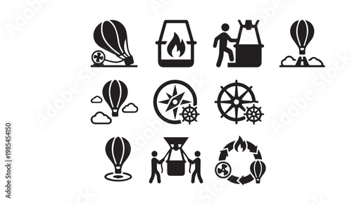 Hot air balloon and navigation icons set with adventure, transportation