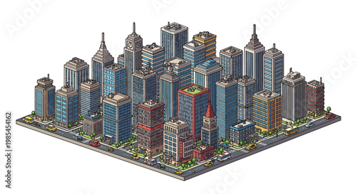 Isometric Cityscape with Diverse Skyscrapers and Urban Streets.