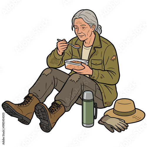 An elderly woman enjoys eating a meal outdoors while sitting comfortably on the ground.