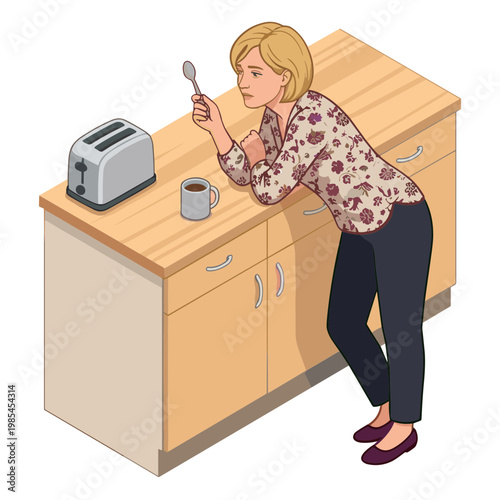 Woman stands leaning on kitchen counter holding spoon near toaster