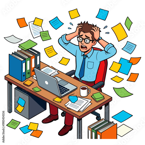 A stressed businessman sits at his cluttered desk surrounded by papers and office supplies.
