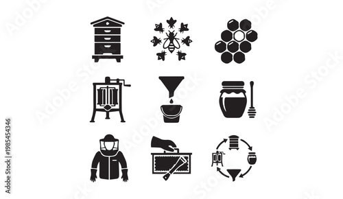 Beekeeping and honey production icons with beekeeping honeycomb production