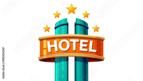 Turquoise Hotel Logo with Orange Sign and Five Gold Stars Above